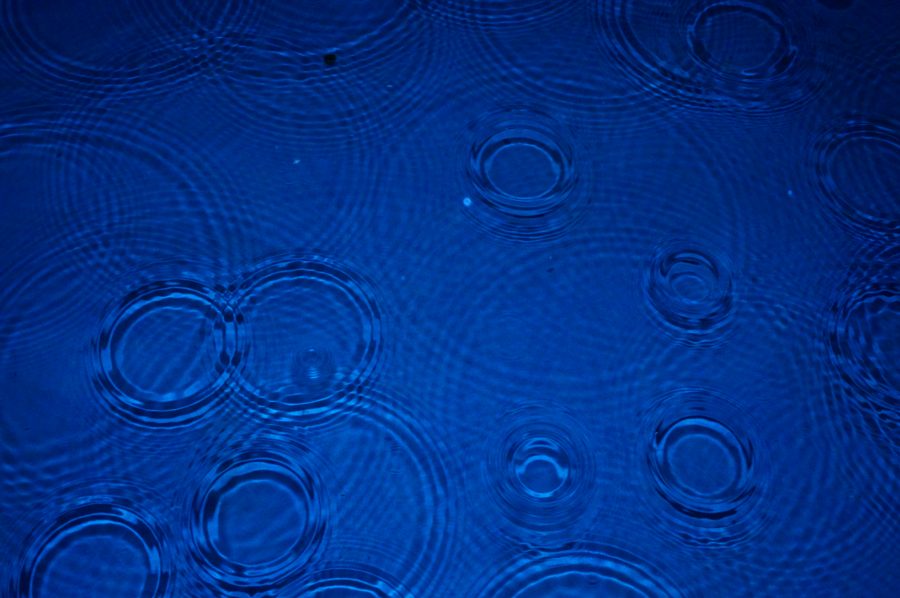 Raindrop rings overlapping on deep blue water, seen from above